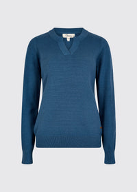 V-hals trui voor dames in een aangename mix van viscose en stretch polyester, perfect voor de lente en zomermaanden. kleur blauw