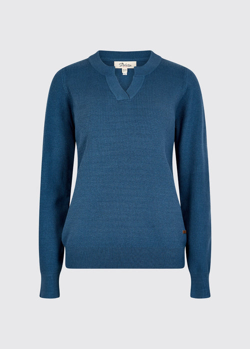V-hals trui voor dames in een aangename mix van viscose en stretch polyester, perfect voor de lente en zomermaanden. kleur blauw