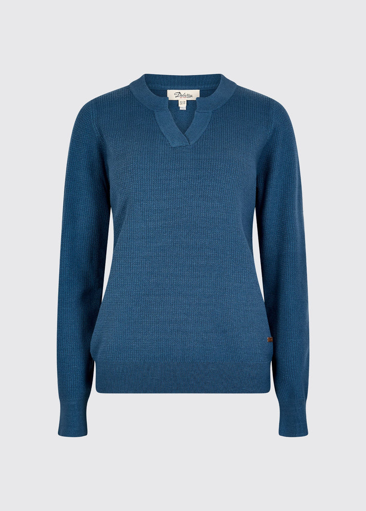 V-hals trui voor dames in een aangename mix van viscose en stretch polyester, perfect voor de lente en zomermaanden. kleur blauw