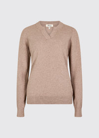 Gebreide zomerse damestrui van viscosemix met stretch polyester in taupe.