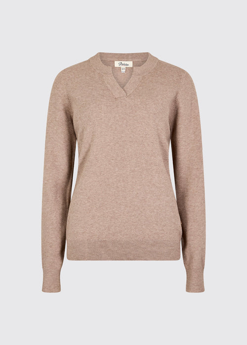 Gebreide zomerse damestrui van viscosemix met stretch polyester in taupe.