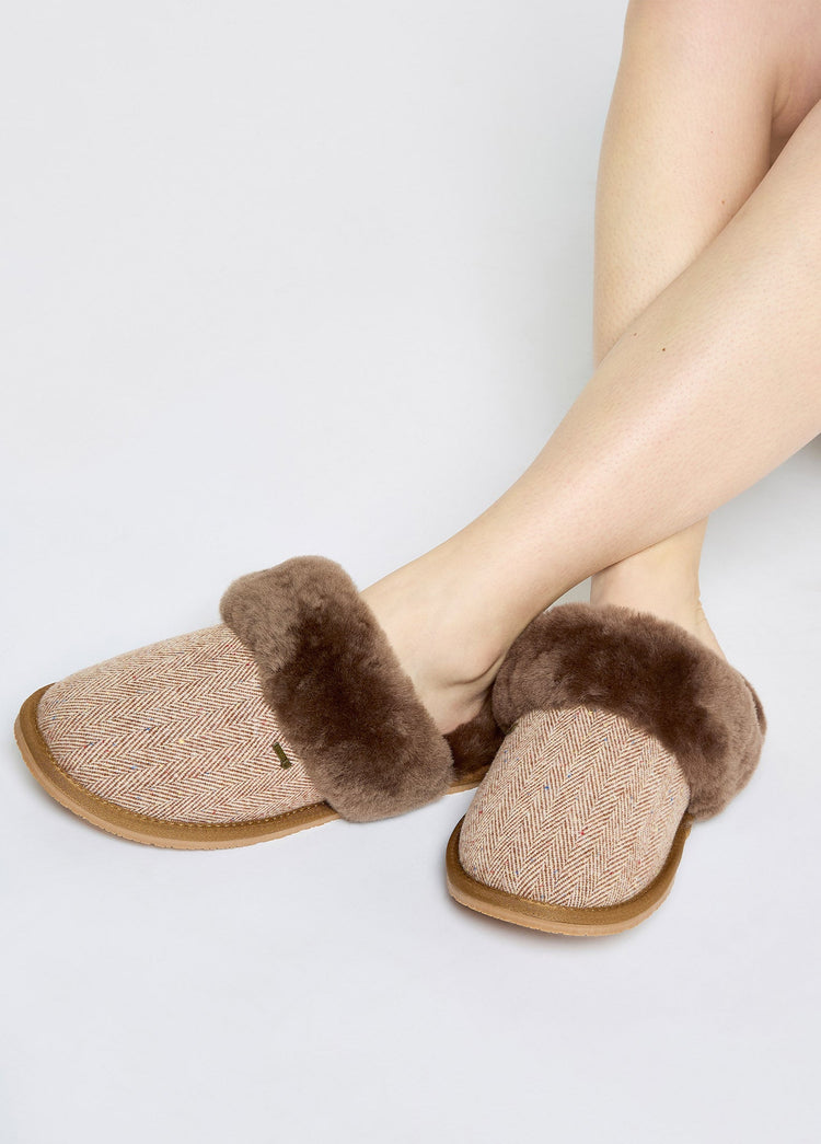 Mullingar Dames Tweed Pantoffels - Camel