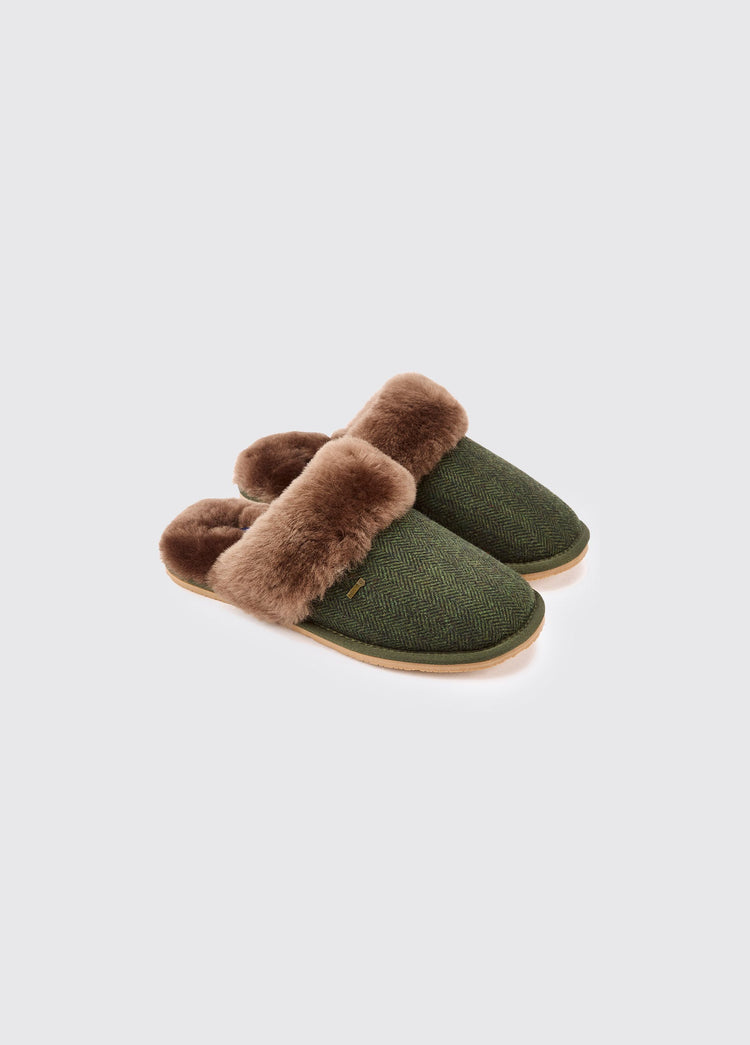 Mullingar Dames Tweed Pantoffels - Olive