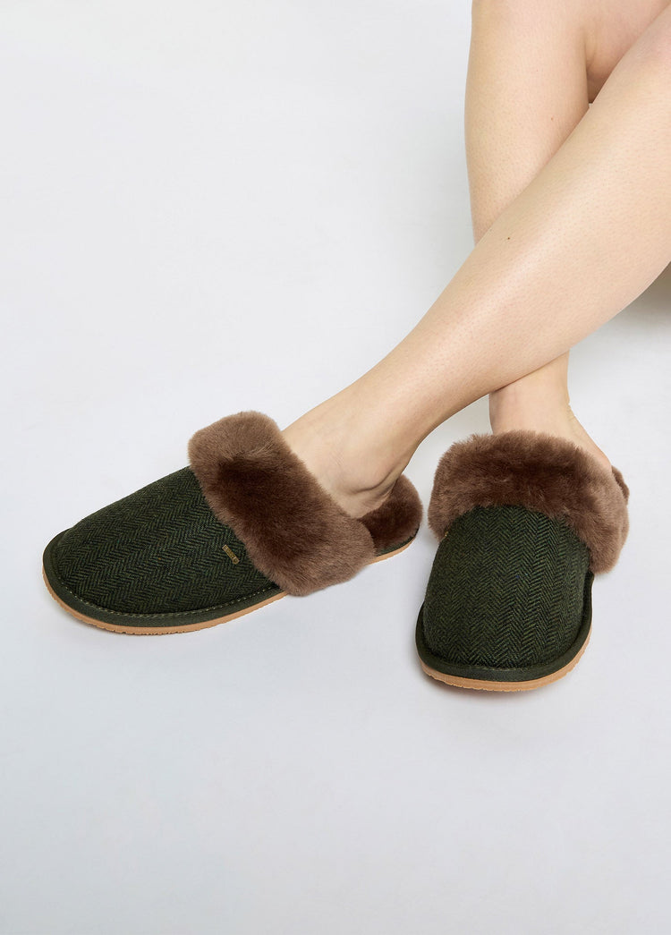 Mullingar Dames Tweed Pantoffels - Olive
