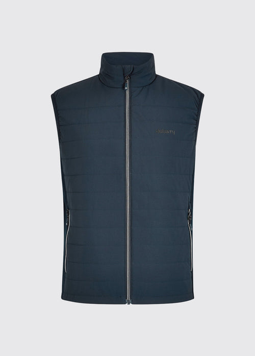 Dubarry heren hybrid bodywarmer  in blauw met licht primaloft vulling. Pakbaar tot klein formaat