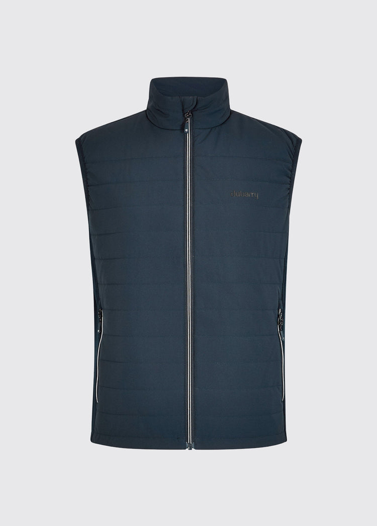 Dubarry heren hybrid bodywarmer  in blauw met licht primaloft vulling. Pakbaar tot klein formaat