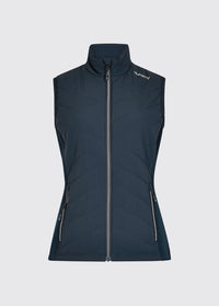 Dubarry dames lichtgewicht Primaloft bodywarmer in blauw met hybride constructie en isolerende vulling voor optimale warmte en bewegingsvrijheid.
