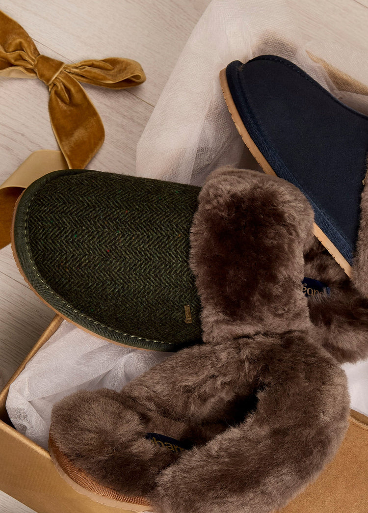 Mullingar Dames Tweed Pantoffels - Olive